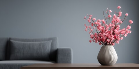 Gray sofa, pink cherry blossoms in vase, minimalist interior