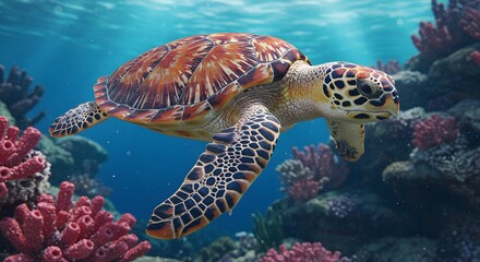 Obraz premium Hawksbill Sea Turtle Gracefully Navigating a Vibrant Coral Reef Ecosystem