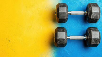 Two black dumbbells on vibrant yellow and blue background