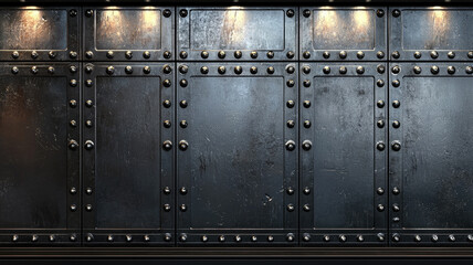 Industrial black metal wall with rivets and lights