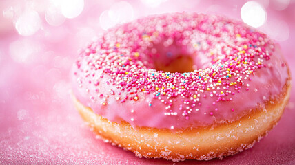 Pink frosted donut with colorful sprinkles on glittery surface