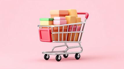 Shopping cart filled with colorful boxes on pink background