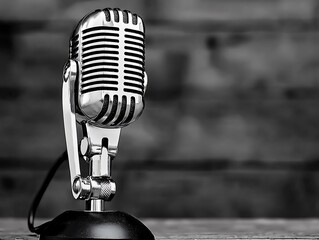 Vintage Microphone on Wooden Table Against Brick Background
