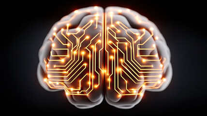 Glowing brain with circuit patterns symbolizing AI technology