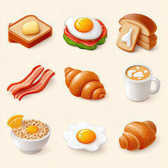 Breakfast food cartoon icons with toast, egg, and bacon