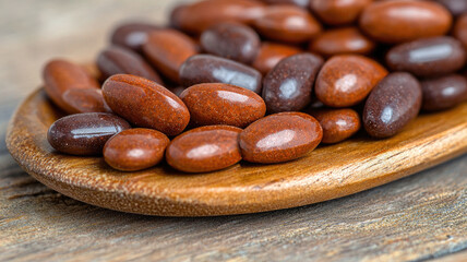 Closeup of brown vitamin tablets on wooden spoon
