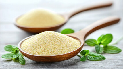 Powdered collagen peptides in wooden spoons with fresh mint