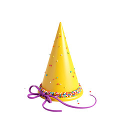 Fototapeta premium A yellow party hat with colorful sprinkles and a purple bow on a black isolated background image isolated on transparent background