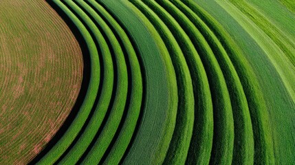 Striking aerial view of radial striped agricultural fields showcasing deep shadows and rich colors, captured in harmonious lighting under a clear sky