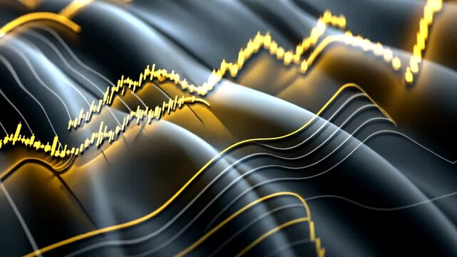 Dynamic flowing black surface with wavy parallel lines and golden fluctuating bars suggesting progress and advancement in finance