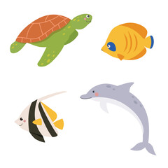 Ocean animals like dolphin,fish,sea turtle on isolated white background. Vector illustration cartoon flat style