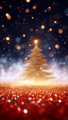 Naklejka premium Gold Christmas Tree on Sparkling Red and Gold Glitter, Festive Holiday Greeting Card Design