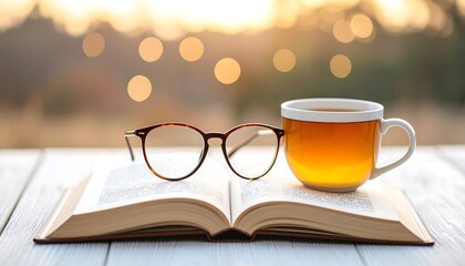 Open book, glasses, tea