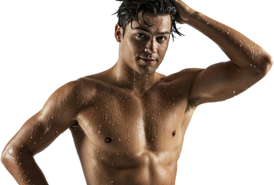Muscular man with wet skin posing confidently against a black background