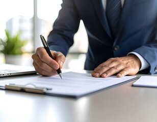 Close-up of a person in a suit signing a document