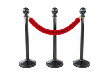 Three black stanchions with red velvet rope isolated on transparent background