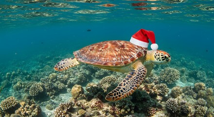 Festive Sea Turtle in Santa Hat Celebrates Christmas Underwater