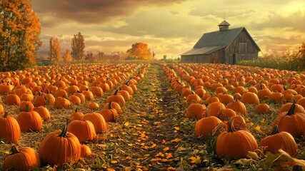 Autumnal pumpkin patch at sunrise.  A vast field of pumpkins stretches out towards a weathered barn under a colorful sunrise sky - Powered by Adobe