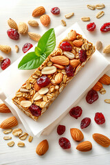 Organic granola energy bar surrounded by nuts, oats, and fresh cranberries for a healthy lifestyle concept