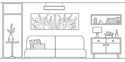 Living room graphic black white interior sketch illustration vector 