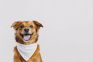 A cheerful dog wearing a white bandana, sitting against a clean white background, radiating joy and friendliness