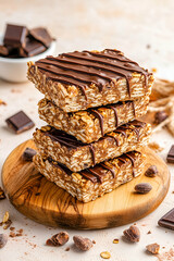 energy bars with oats and chocolate drizzle arranged on wooden surface with raw ingredients