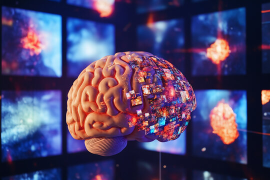 A brain enclosed in a grid of screens displaying chaotic images symbolizing information overload, intricate details, modern graphics