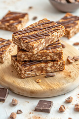 energy bars with oats and chocolate drizzle arranged on wooden surface with raw ingredients