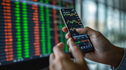 Crypto trader investor broker using cell phone app performing financial stock market trading