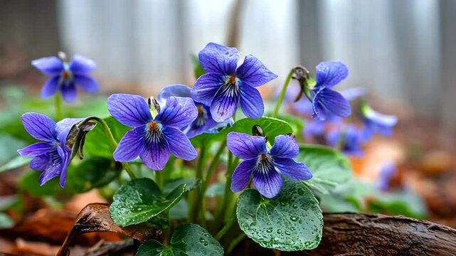 A close-up captures several purple violets with detailed striped petals, thriving amidst lush green leaves and damp wood