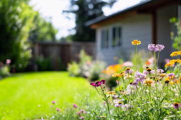 Wild flower garden in a backyard on a sunny day