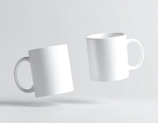 Fototapeta premium Two blank white mugs levitate against a bright, simple background