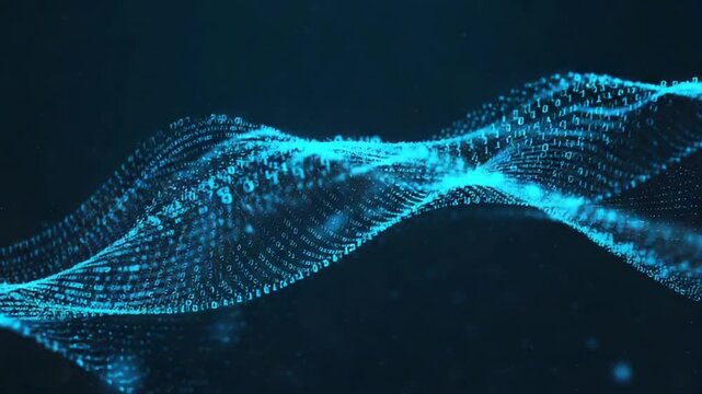 A high-detail zoom blue quantum wave made of swirling binary code, particle grids, floating data clusters, deep black backdrop. Fluid, slow motion elegant motion blur. Seamless loop. 4K
