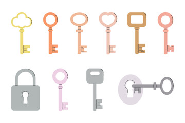 Colorful vector collection of vintage and modern keys of different shapes, illustration of a lock and a key in a lock. Ideal for print, websites, apps or educational purposes