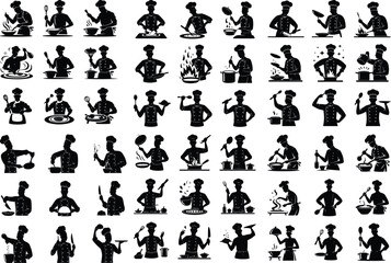 Chef Cooking Silhouette Set – Kitchen and Culinary Icon Pack Professional Chef Silhouettes – Cooking, Serving, and Kitchen Scene Set