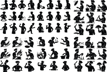 Chef Cooking Silhouette Set – Kitchen and Culinary Icon Pack Professional Chef Silhouettes – Cooking, Serving, and Kitchen Scene Set