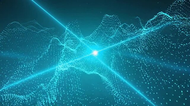 3D loop of radiant blue rays tunnel or vortex pure black void, dust particles spinning in zero gravity quantum teleportation digital hyperspace, glowing streaks motion blur, futuristic sci-fi look