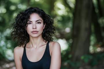 Naklejka premium Young latin woman posing in the woods wearing black tank top