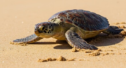 Majestic Green Sea Turtle Hatchling Making its Way to the Ocean