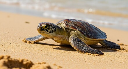 Obraz premium Majestic Sea Turtle Hatchling Making its Way to the Ocean