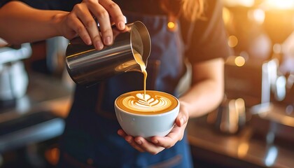 Barista crafting latte art, pouring steamed milk into cup
