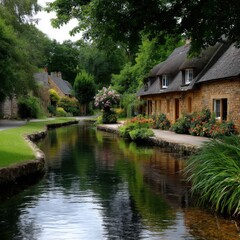 Obraz premium Scenic riverbank walk quaint village nature photography lush environment serene viewpoint tranquility concept