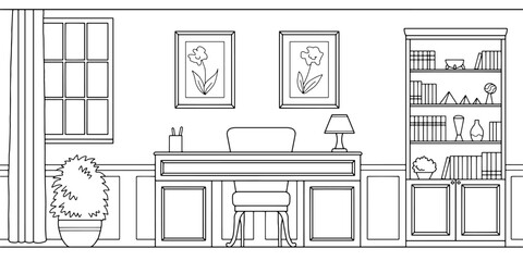 Classic office room graphic black white interior sketch illustration vector
