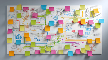 Brainstorming and Strategy Board with Colorful Sticky Notes and Diagrams for Planning and Ideas