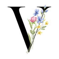 Floral monogram, letter V, alphabet with wildflowers, Initials perfectly for logo, wedding invitation, greeting card, poster and other design. Digital illustration hand drawing. © Larisa