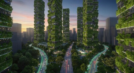 Modern urban landscape featuring green skyscrapers at sunset with busy streets and vibrant lights in a futuristic city environment