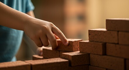 Child Building Brick Wall Carefully with Hand Crafting a Strong Structure