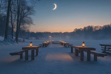 Naklejka premium Lantern-lit benches arranged around a frozen lake glowing under the light of a crescent moon, Generative AI