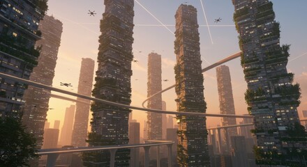 Futuristic cityscape with towering structures and aerial vehicles during sunset in a vibrant urban environment