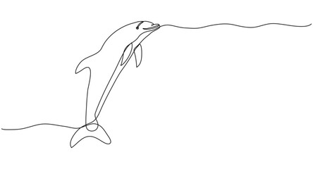 Dolphin in continuous one line art style. Minimalist black drawing of ocean animal on white background. Hand drawn editable stroke. Outline marine banner concept with copy space